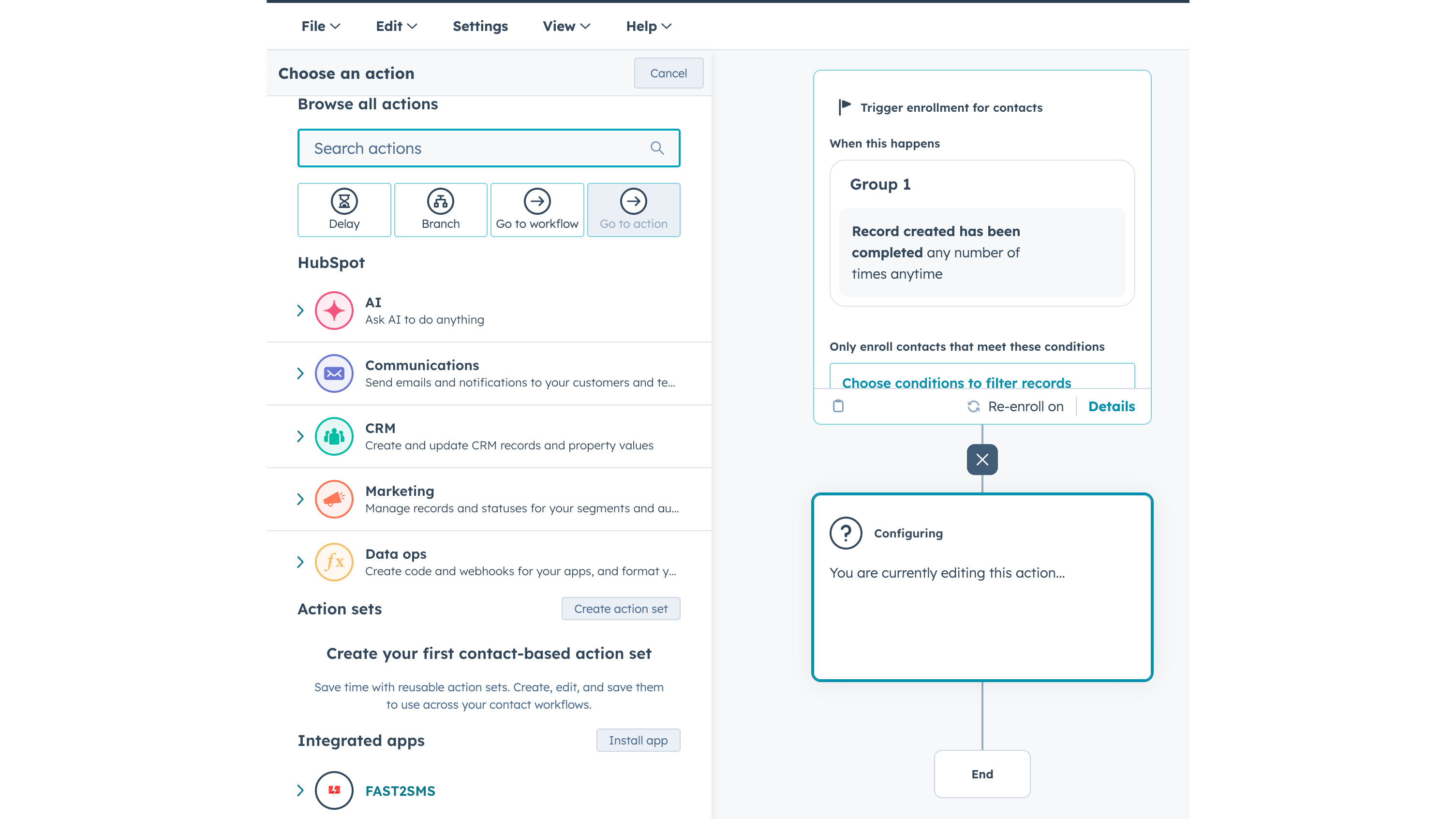 Fast2SMS workflow integration in HubSpot showing message preview, webhook code generation, and workflow action setup.